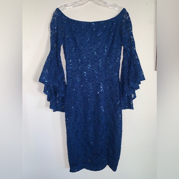 Off Shoulder Lace Sequined Sleeve Detail Dress - Picture 3 of 15